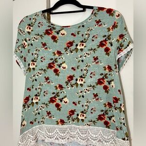 Floral Lace Trim Top - Green and cream